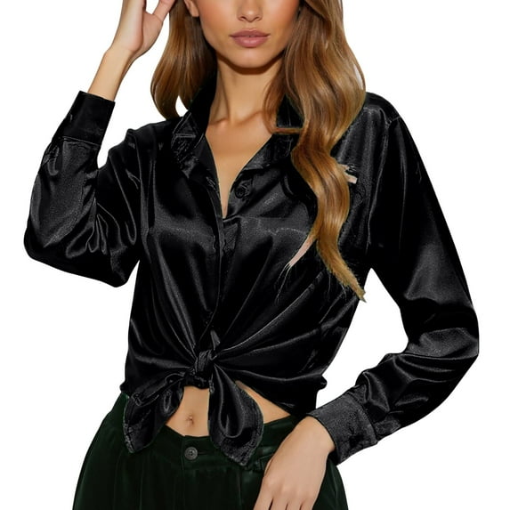 DuoJiaJ New Spring And Summer Fashionable And Casual Women's Satin Imitation Silk Long Sleeved Shirt Women's Work Shirts Black XL