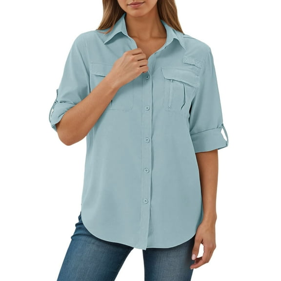 DuoJiaJ Outdoor Long Sleeve Button Down Shirt UPF Sun Wicking Lightweight Travel Hiking Shirt Women's Shirts Blue XXXL