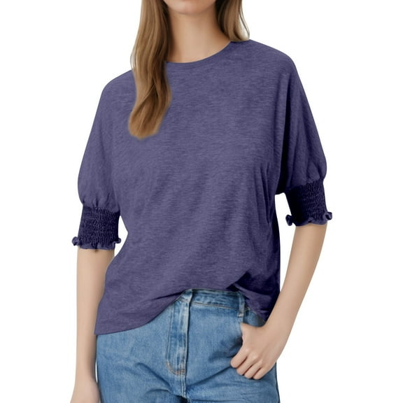 DuoJiaJ Plus Size Loose Fit Round Neck Puff Sleeve Long Tee For Women Stylish And Comfortable Casual Top Women’s Plus Size Long Sleeve T-Shirts Blue