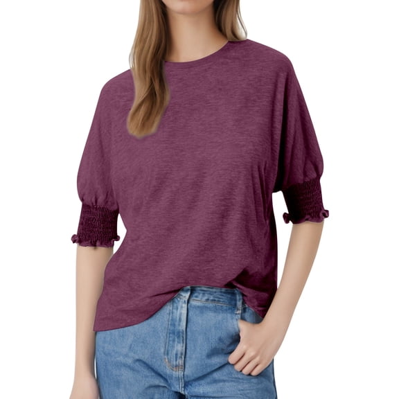 DuoJiaJ Plus Size Loose Fit Round Neck Puff Sleeve Long Tee For Women Stylish And Comfortable Casual Top Women’s Plus Size Long Sleeve T-Shirts Red