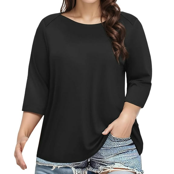 DuoJiaJ Plus Size Solid Color Women's 3/4 Sleeve T Shirt Casual Stylish Top For Everyday Wear Women’s High-Neck Workout Tops Black