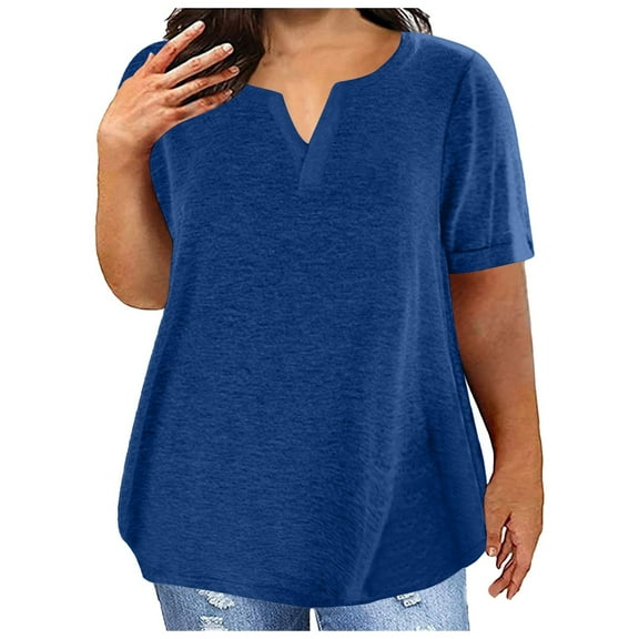 DuoJiaJ Plus Size Tops For Women Fashion V Neck Shirts Casual Comfy Soft Short Sleeve Tunic Blouses Basic Tees Women’s T-Shirts Blue