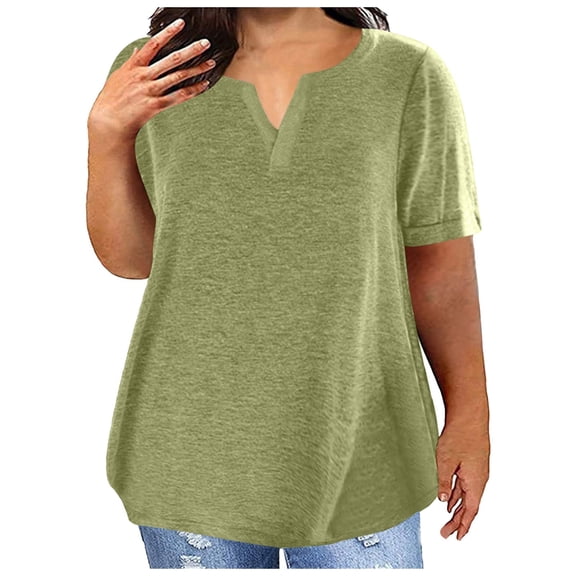 DuoJiaJ Plus Size Tops For Women Fashion V Neck Shirts Casual Comfy Soft Short Sleeve Tunic Blouses Basic Tees Women’s T-Shirts Green