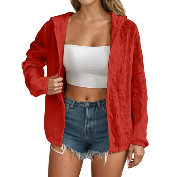 DuoJiaJ Plus Size Women's Casual Zip Up Hooded Sun Jacket Lightweight Comfortable Outerwear For Everyday Wear Womens Puffer Coat Red M