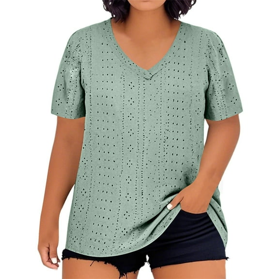 DuoJiaJ Plus Size Women's V Neck Solid Color Short Sleeve T Shirt Loose Fit Top For Casual Wear Women’s Ribbed Knit Crop Tops Green