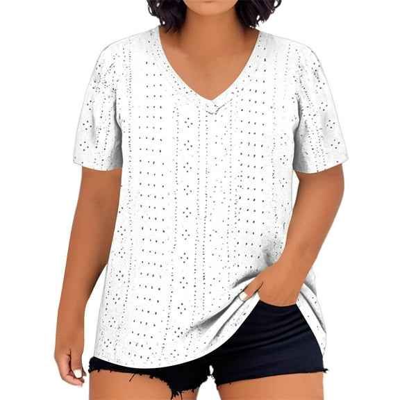 DuoJiaJ Plus Size Women's V Neck Solid Color Short Sleeve T Shirt Loose Fit Top For Casual Wear Women’s Ribbed Knit Crop Tops White