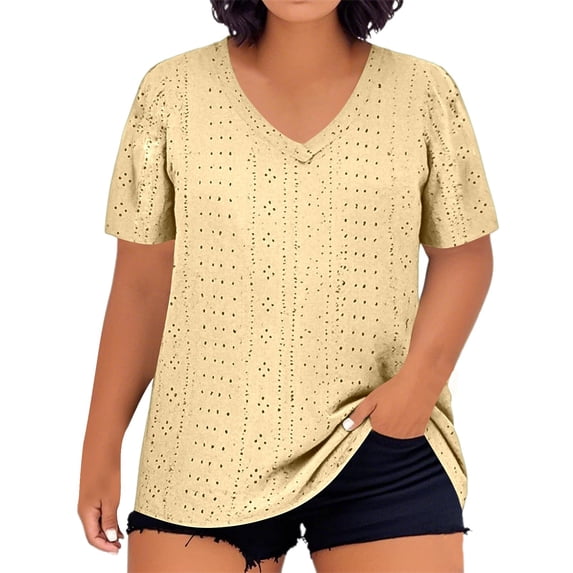 DuoJiaJ Plus Size Women's V Neck Solid Color Short Sleeve T Shirt Loose Fit Top For Casual Wear Women’s Ribbed Knit Crop Tops Yellow
