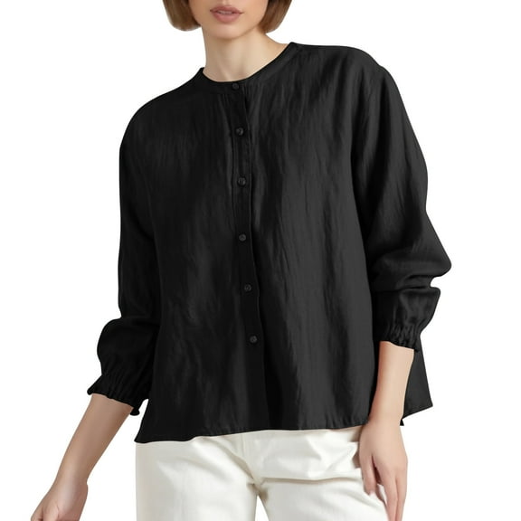 DuoJiaJ Retro Bohemian Linen Shirt For Women Loose Fit Round Neck Casual Jacket With Sleeves Spring Autumn Fashion Womenâs Plus Size Long Sleeve T-Shirts Black