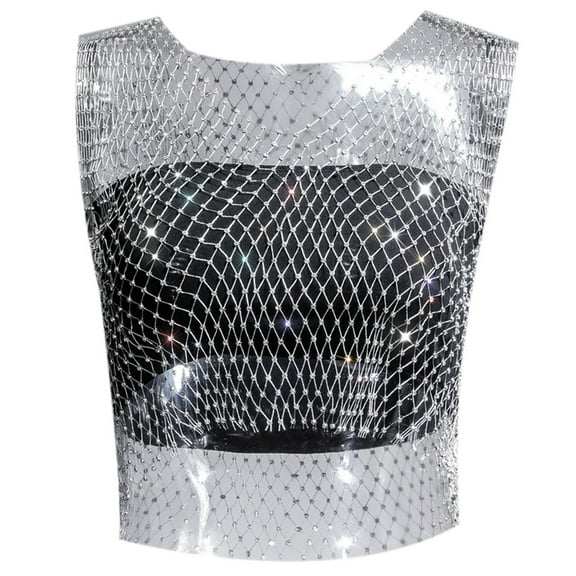 DuoJiaJ Rhinestone Fishing Net Fashion Net Flash Women's Short Sleeve Vest Cotton Tank Tops for Women