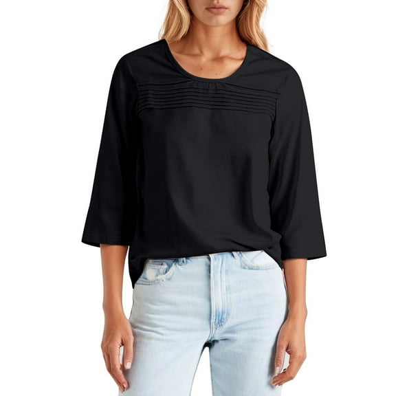 DuoJiaJ Round Neck 3/4 Sleeve Pleated Front Line T Shirt Women’s T-Shirts Black