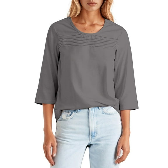 DuoJiaJ Round Neck 3/4 Sleeve Pleated Front Line T Shirt Women’s T-Shirts Gray