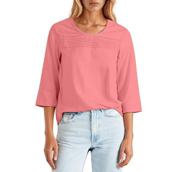 DuoJiaJ Round Neck 3/4 Sleeve Pleated Front Line T Shirt Women’s T-Shirts Pink