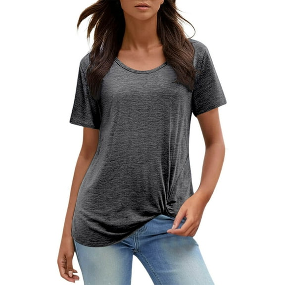 DuoJiaJ Round Neck Short Sleeve Casual T Shirt For Women With Knot Detail Solid Color Relaxed Fit Top Women’s Lace Trim Casual Blouses Gray