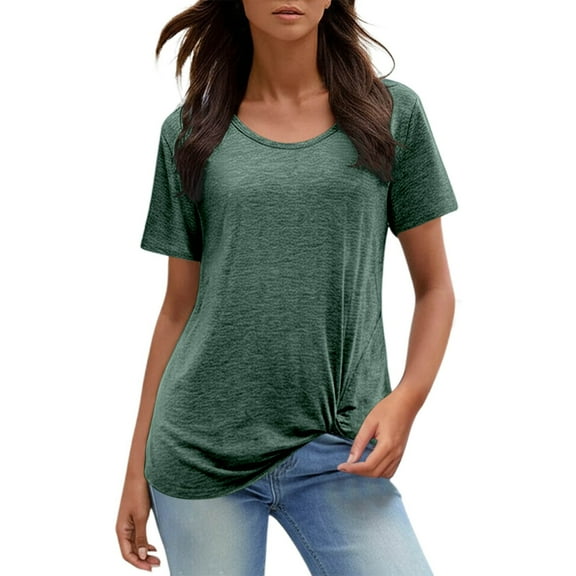 DuoJiaJ Round Neck Short Sleeve Casual T Shirt For Women With Knot Detail Solid Color Relaxed Fit Top Women’s Lace Trim Casual Blouses Green