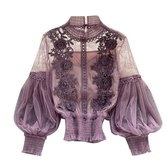 DuoJiaJ Sense Of Design Three Flowers See Through Mesh Balloon Sleeve Slim Crop Top Women's Lace Base Layer Workout Tank Tops Women