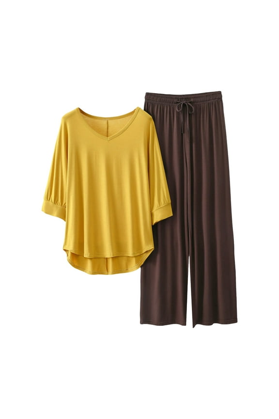 Sets For Women 3/4 Length Sleeve V Neck Summer Tops Elastic Waist Wide Leg Pants Summer Outfits Sexy Women's Pajamas Lace Yellow
