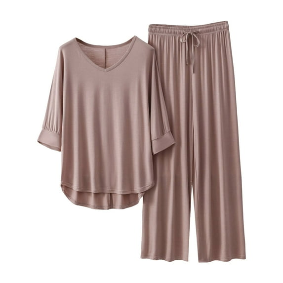 DuoJiaJ Sets For Women 3/4 Length Sleeve V Neck Summer Tops Elastic Waist Wide Leg Pants Summer Outfits Women's Long Nightgowns Coffee