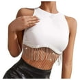 thumbnail image 1 of DuoJiaJ Sexy Solid Color Rhinestone Fringe Crop Top Sleeveless Neck Tank Top Women’s High-Neck Workout Tops White, 1 of 5