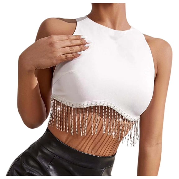 DuoJiaJ Sexy Solid Color Rhinestone Fringe Crop Top Sleeveless Neck Tank Top Women’s High-Neck Workout Tops White