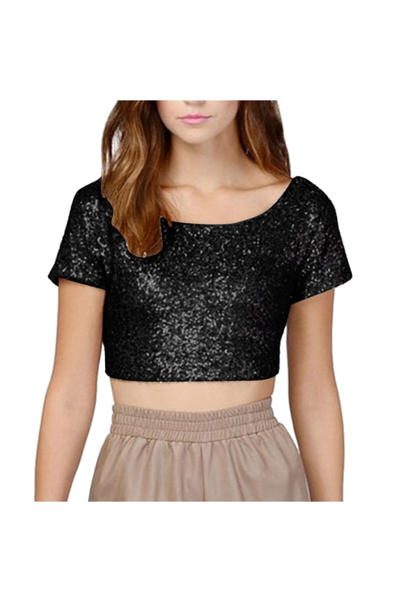 Sexy Sparkling Sequins Backless Crop Top Multicolor T Shirt Women’s Linen Button-Down Shirts for Summer Black XL
