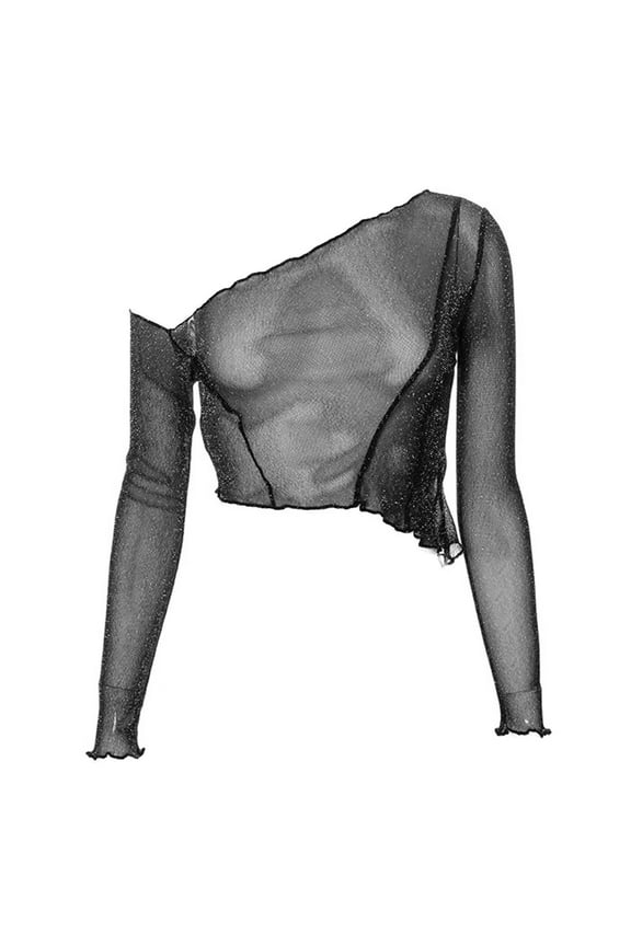 Shimmering Solid Color Mesh Top | Long Sleeve See Through Midriff | Fashion Party Wear Women’s Striped Crewneck Relaxed Fit Tops Black