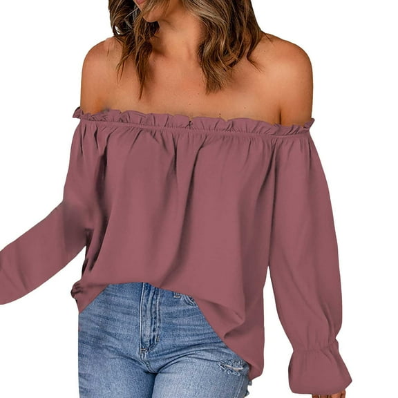 DuoJiaJ Off The Shoulder Tops For Women Trendy Frill Ruffle Long Sleeve Shirts Casual Solid Sexy Tees Fall Loose Fit Blouses Boho Style Blouses Pink S