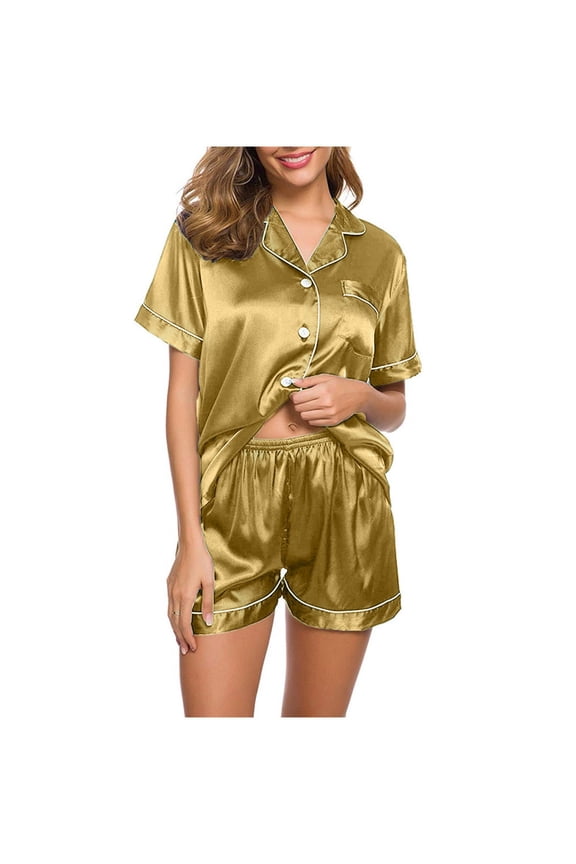 Silk Pajamas Womens Short Sleeve Sleepwear Soft Satin Button Down Loungewear 2 Piece Shorts Set Plus Size Satin Pajamas Women Yellow