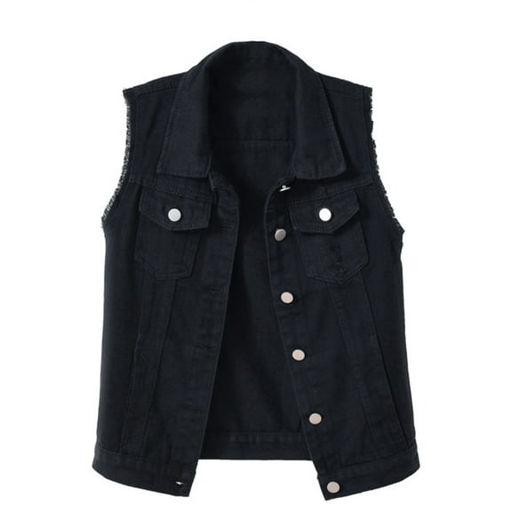 DuoJiaJ Sleek Solid Color Denim Vest For Women With Edges Sleeveless Distressed Look Spring/Summer Collection Effect Casual Wear Womens Jacket Black L