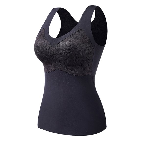 DuoJiaJ Tank Top for Women V Neck Lace Camisole Tops with Built in Bra Cami Vest Base Layer Black XL