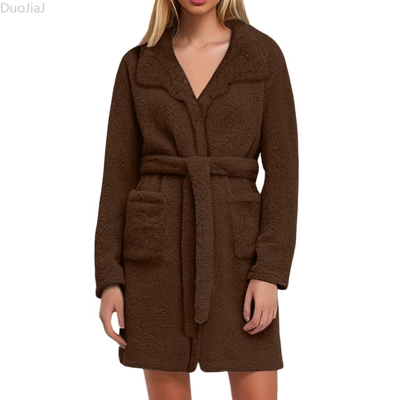 DuoJiaJ Soft Fleece Bathrobe For Cozy Warm Kimono Robe With Shawl Collar Home Loungewear Sleepwear Womens Sleepwear Brown S