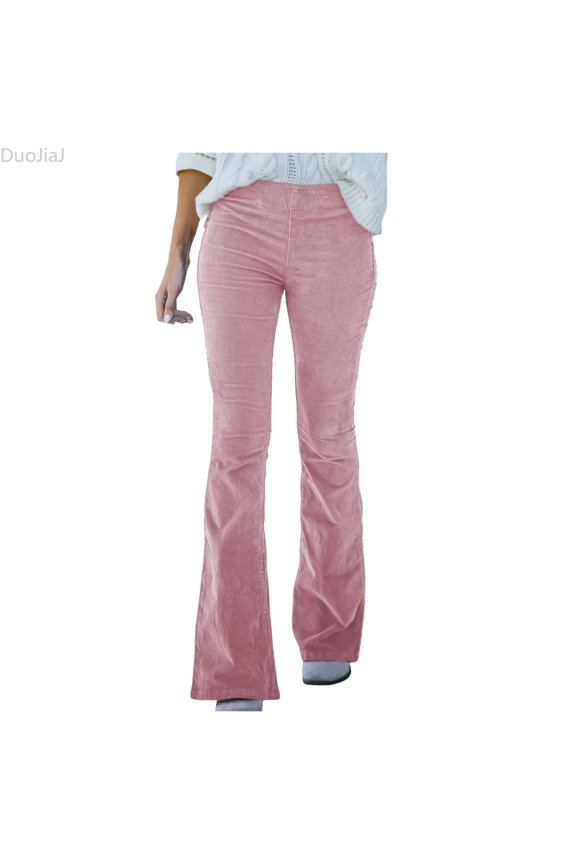 Solid Color High Waist Slim Micro Bottoms Corduroy Elastic Waist Casual Pants Women's Lounge Pants Pink S