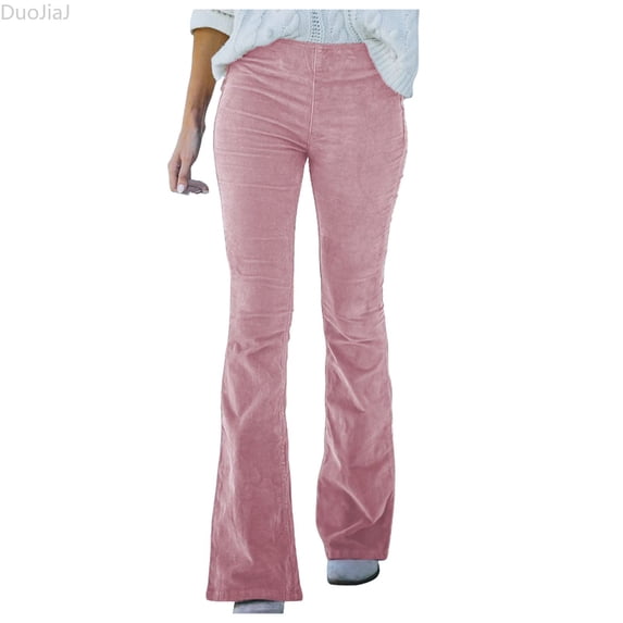 DuoJiaJ Solid Color High Waist Slim Micro Bottoms Corduroy Elastic Waist Casual Pants Women's Lounge Pants Pink XL