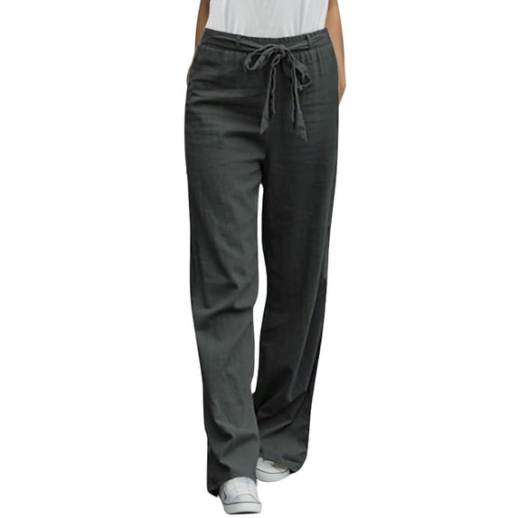 DuoJiaJ Solid Women Cotton Trousers Long Sashes Fashion Pants Casual Straight Pants Women’s Casual Pants