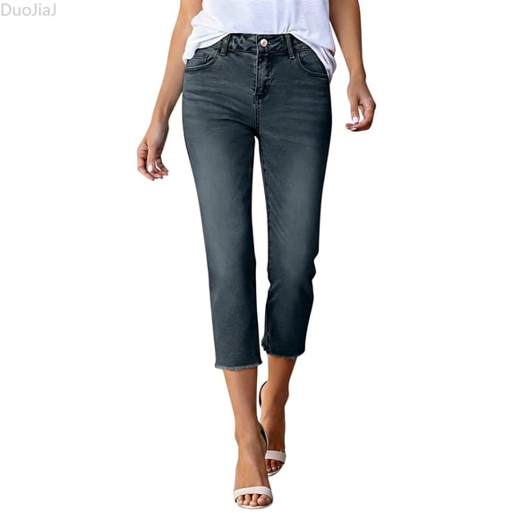 DuoJiaJ Stretch Denim Capri Pants Casual Comfortable Ankle Length Cropped Jeans With Slim Fit Women's Lounge Pants Black L