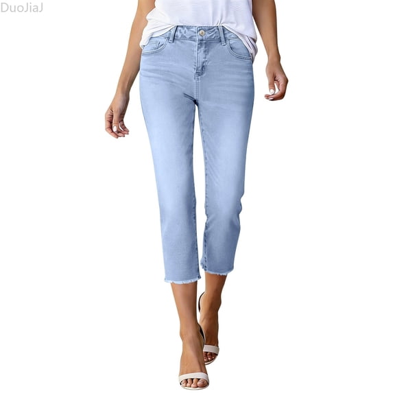 DuoJiaJ Stretch Denim Capri Pants Casual Comfortable Ankle Length Cropped Jeans With Slim Fit Women's Lounge Pants Blue L