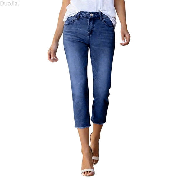 DuoJiaJ Stretch Denim Capri Pants Casual Comfortable Ankle Length Cropped Jeans With Slim Fit Women's Lounge Pants Blue M