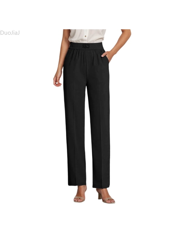 Stretch Lightweight Casual Trousers For Comfortable Everyday Pants With Elastic Waist Soft Breathable Fabric Flowy Fit For Ladies Women's Lounge Pants Black XL