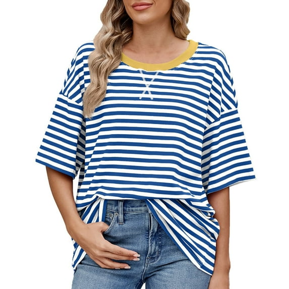 DuoJiaJ Striped Color Block Oversized Short Sleeve T Shirt For Women Casual Summer Tee Top Women’s Button-Down Shirts Blue