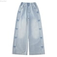 thumbnail image 1 of DuoJiaJ Stylish Embroidered Bow Denim Pants For Girls Lightweight Wide Leg Trousers For Casual Wear Girls Jeans Size 5-6 Years,Blue, 1 of 5