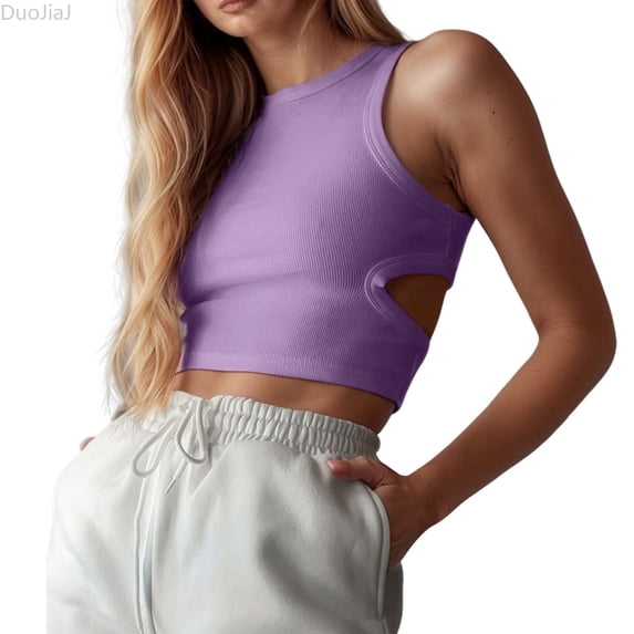 DuoJiaJ Stylish Women's Tanks And For Everyday And Casual Wear Sleeveless Hollow Out Design For Summer With Jeans And Sports Pants Women Cropped Tank Tops Purple M