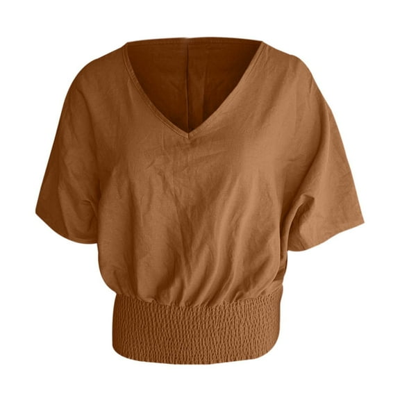 DuoJiaJ Summer Casual Women's Solid Color Loose V Neck Tee Cotton Linen Top Blouse Women’s Workout Tops Brown