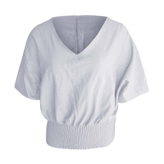 DuoJiaJ Summer Casual Women's Solid Color Loose V Neck Tee Cotton Linen Top Blouse Women’s Workout Tops White
