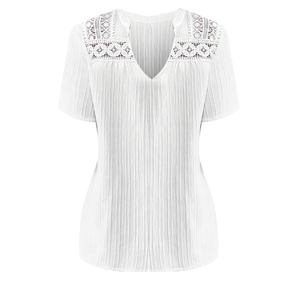 DuoJiaJ Summer Fashion Ladies Tops Lace Stitching Short Sleeves Casual Solid Color Ladies T Shirts Women’s Wrinkle-Free Button-Down Shirts White