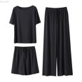 thumbnail image 1 of DuoJiaJ Summer New Ice Silk Pajamas Set Women's Short Sleeved Shorts Wide Leg Pants Solid Color Home Three Piece Set Can Be Worn Loosely Summer Pajamas Women Black One Size, 1 of 4