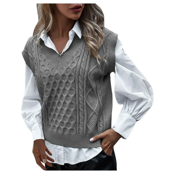 DuoJiaJ Sweater Vest for Women V Neck Sleeveless Knit Solid Casual Ribbed Pullover Tops Gray L
