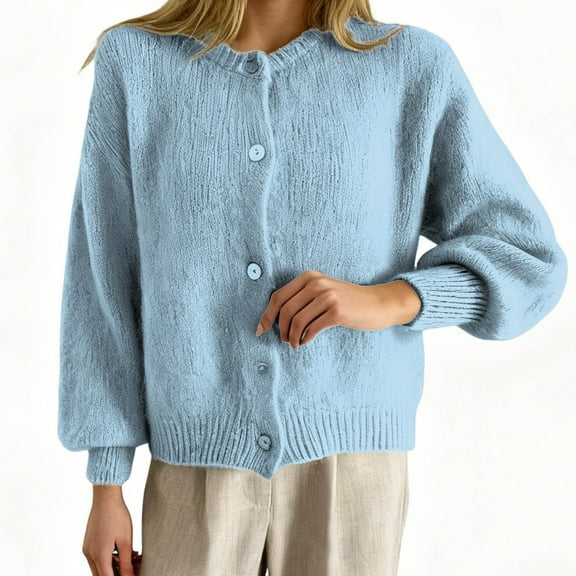 DuoJiaJ Sweaters for Women Cardigan Fall Light Sweater Tops Button Down Crewneck Long Sleeve Cozy Sweater Blue S