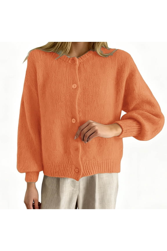 Sweaters for Women Cardigan Fall Light Sweater Tops Button Down Crewneck Long Sleeve Cozy Sweater Orange XL