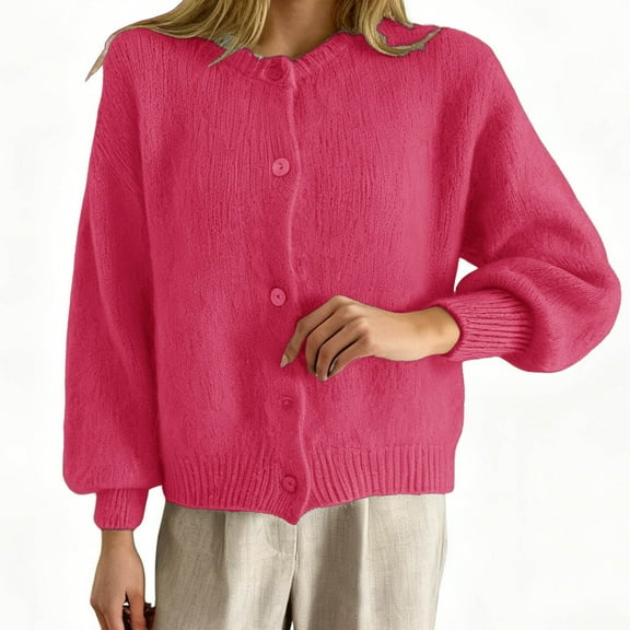 DuoJiaJ Sweaters for Women Cardigan Fall Light Sweater Tops Button Down Crewneck Long Sleeve Cozy Sweater Pink S