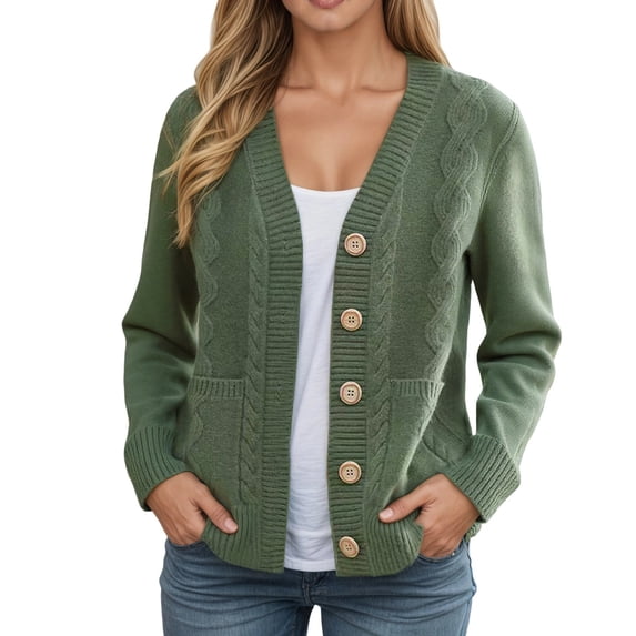 DuoJiaJ Sweaters for Women Cardigan Winter Cable Knit Button Down Long Sleeve Sweater Long Sleeve Trendy Tops Green M