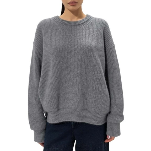 DuoJiaJ Sweaters for Women Pullover Oversized Fuzzy Knit Crewneck Lightweight Fall Sweater Long Sleeve Loose Tops Gray L